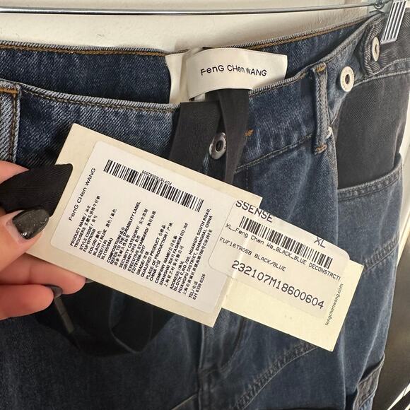 NEW Feng Chen Wang Men's Deconstructed Denim Pants Black Blue Size XL - Picture 4 of 10